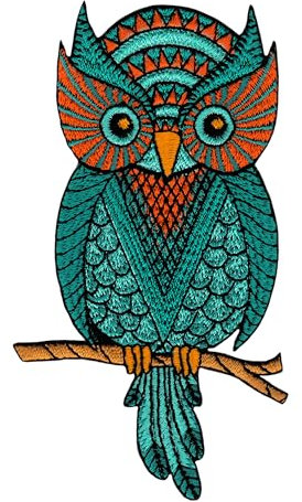 Eule auf Ast Grün Aufnäher zum aufbügeln oder aufnähen Bügelbild Bügelpatch Aufbügler für Kleidung gestickter Bügelflicken Tier Vogel Uhu Applikation Patch Größe 6,0 x 11,2 cm