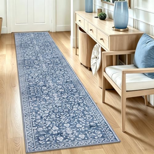 SILOLOOM Vintage Läufer Teppiche für Flur, 5 x 25 cm, Blau und Weiß, waschbar, Langer Flur-Läufer, rutschfest, superweich, Küchenläufer, Druck, Kunstwolle, Blumenmuster, dünner Teppichläufer