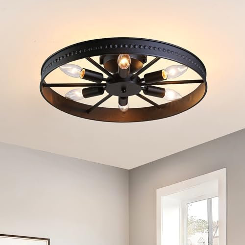 JHYPVII Deckenlampe Vintage Industrial, Schwarz Rad Küche Deckenleuchte mit E14 Fassung, 6 Flammig Rund Deckenleuchte für Esszimmer Küchenlampe für Esstisch Flur Schlafzimmer (Schwarz)