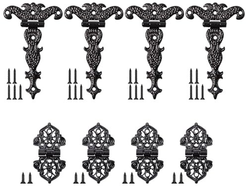 Sxutop 8 Pieces Vintage Cabinet Hinges T Antique Black T Hinge Vintage Retro Carved Cabinet Hinge Retro with Screws Black Hinges Decorative for Cabinets Wooden Boxes Cupboard Doors, 2 Models