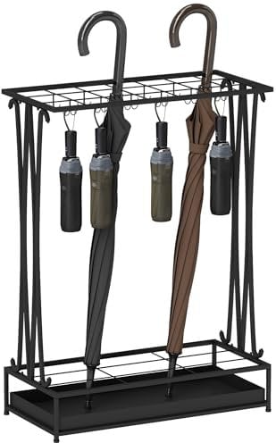 HOMCOM Portaombrelli per Interni con Vaschetta Scolapioggia, 21 Fori e 24 Ganci per Ombrelli, Porta Ombrelli in Acciaio, 50x24x68 cm, Nero
