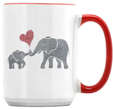Giftme Heart Baby Elephant and Mum Elephant, 15oz Ceramic Coffee, Tea Mug. (Red Inside)
