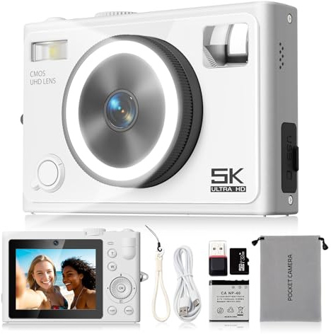 ASTYPHER 64MP Digitalkamera mit Beauty-Modus, 5K Dual-Kamera & Ringlicht | Echter Blitz für schwaches Licht, 64 MP Vintage-Y2K-Look + Datumsstempel, 18-facher digitaler Zoom, 32 GB Karte