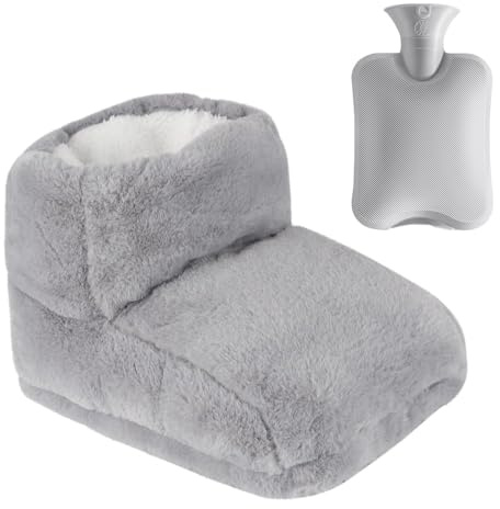 SKIKHN Fußwärmer, 1L Groß Wärmflasche Füße, 2 in1 Fußwärmer Wärmflasche, Ultraweich Waschbarem Heizschuhe, Fuß wärmer Ohne Strom, Fußwärmflasche für Damen/Herren/Erwachsene (Grau)
