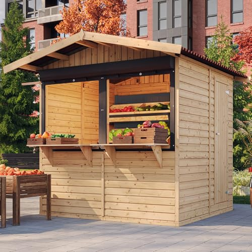 TIMBELA M149Z Holz Gartenhaus, Marktbude Holz, Qualitäts Schiffslatten Kiefern Fichte Verkaufsstand Holzhaus mit Theke 253x263/4m2, große multifunktionale Garten-Bar Verkaufshütte Verkaufsstände