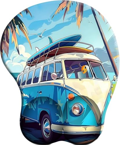 3D Mauspad Mousepad mit Memory-Schaum-Handauflage Ergonomisch Mauspad mit Handgelenkauflage，Arbeitsschmerzlinderung -Strand-Surf-Bus