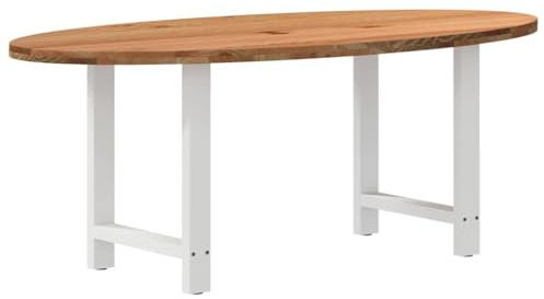 Qnhdfrt Esstisch Hellbraun 200x100 cm aus massivem Eichenholz mit ovaler Tischplatte und H-förmigem Stahlgestell in Weiß Stabiler Küchentisch für Esszimmer Wohnzimmer und Balkon