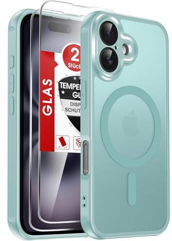 LeYi für iPhone 16 Hülle für Magsafe mit 2X Panzerglas-Minzgrün | Handyhülle Ultra Dünn Magnetisch Schutzhülle Schutzglas Matt Transluzent Stoßfest Case Cover für i Phone16 iphon16