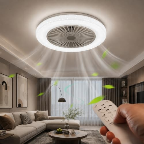 Partenopea Plafoniera LED con Ventilatore Integrato 60W 5460 Lumen Dimmerabile, Telecomando, Luce Calda Naturale Fredda, Effetto Cielo Stellato Glitter Ventola per Soffitto Ø48 cm VTL-5-60W
