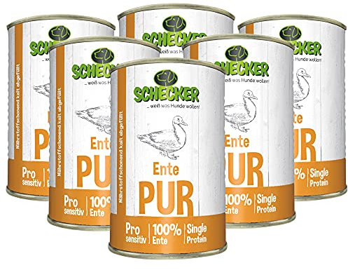 Schecker - 100% Ente PUR - Nassfutter für Hunde - 6 x 410 g- getreidefrei - Dosenfutter - Hundefutter