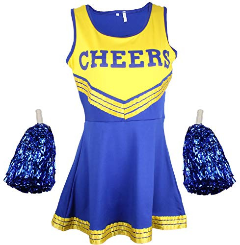 Cherry-on-Top Cheerleader Fancy Dress Outfit Uniform High School Dress Costume With Pom Poms Blue And Yellow Cheerleader Small