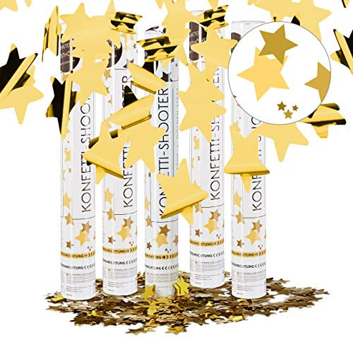 Relaxdays 5er Set Partypopper Gold 40 cm, Sternenregen, 6-8 m Effekthöhe, Hochzeit, Geburtstag, Karneval, Konfettiregen, Gold