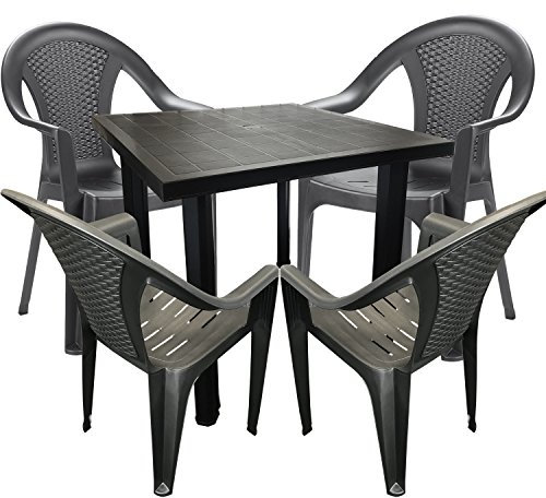 Mojawo® Bistrogarnitur 5-teilig Bistrotisch Kunststoff Eckig 80x75cm H72cm + 4 Stapelstühle Kunststoff Anthrazit