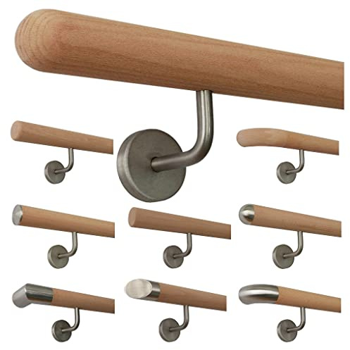 TIBU Holz Handlauf Buche unbehandelt Geländer Wandhandlauf Wand Treppe 30-500cm, Länge 330 mit 4 Halter Halbkugel gefräst