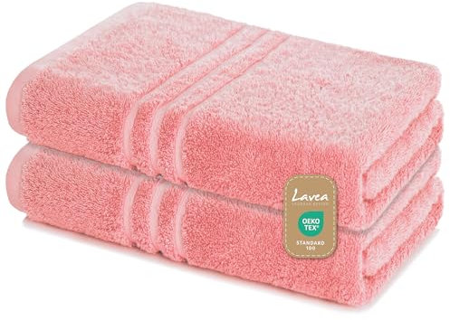 Lavea 2er Set Saunatuch 80x200 cm – Hochwertige, Saugstarke Saunatücher aus 100% Baumwolle, Frottierserie Elena – Waschbar und Strapazierfähig - Pastellrosa