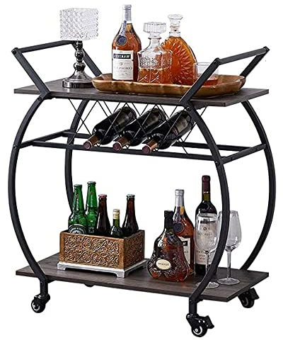 LVB Drinks Trolley on Wheels, Bar Cart with Wine Rack, Kitchen Coffee Cart, Industrial Wood and Metal Liquor Wine Cart for Home, Rustic Modern Mobile Rolling Serving Cart with Shelves, Dark Grey Oak