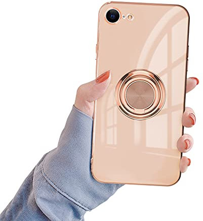Newseego Compatible with iPhone 7/8/SE Case,Electroplated Slim Soft Silicone Shockproof Protective Cover,360 Degree with Rotation Magnetic Car Finger Ring Holder for iPhone 7/8/SE(4.7)-Milk