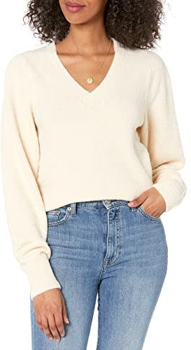 The Drop Edith, Maglione con Spalle Plissettate e Scollo a V da Donna, Tempesta di sabbia, M