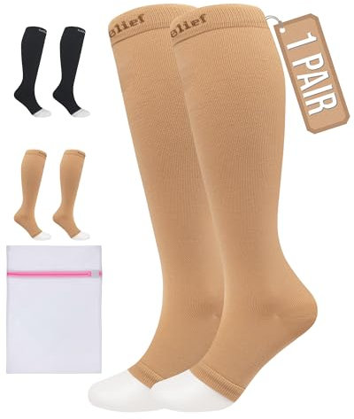 360 Relief Calze Compressione Punta Aperta per Donna e Uomo - Classe 1 Gambaletti Compressione Graduata per Circolazione, Viaggi Aereo, Vene Varicose - Calze Antitrombo 15-20mmHg con Borsa Lavanderia