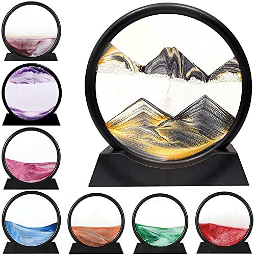 MUGUOY Peinture De Sable Qui Coule, Peinture De Sable Qui Coule 3D Sablier De Cadre De Sable en Verre Rond, Peinture De Paysage De Flux, pour La Décoration De Bureau à Domicile (Le Noir, 7 Pouces)