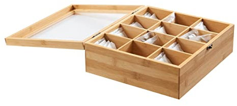 ACAZA Teebox Bambus, Tee-Aufbewahrungsbox mit transparentem Deckel, 12 Fächer, Bambusholz