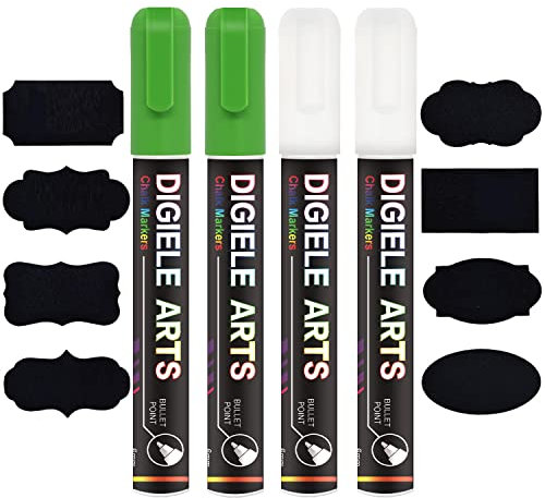 DIGIELE Kreidestift Weiß + Grün, 2 Kreidestifte Weiß + 2 Kreidemarker Grün 6mm + 16 Tafel Labels, Trocken oder Feucht Abwischbare Flüssigkreide, Reversibel Stiftspitze - Whiteboard/Tafel/Fenster/Glas