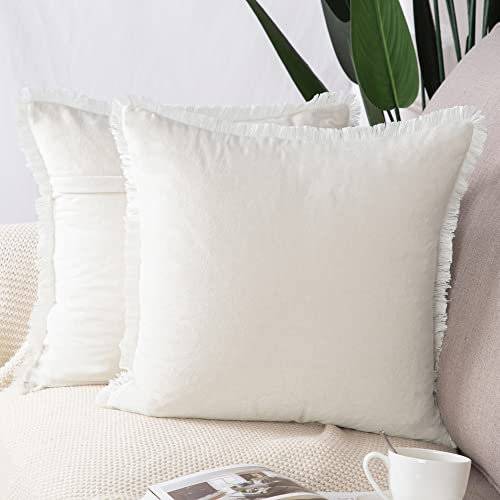 Madizz 2er Set Kissenbezügen aus Wildleder mit Fransenquasten Weiche dekorative Kissenbezüge für Sofa Schlafzimmer Kissenhülle Creme Weiß 45x45 cm Quadrat