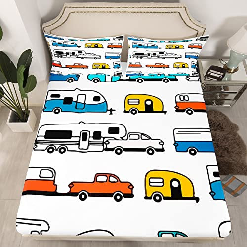 Cartoon Camper Spannbettlaken Happy Camping BettwäSche-Set 160 x 200 Für Kinder Teenager Jungen MäDchen Camper Thema Spannbettuch Bunte Wohnwagen Wohnmobil Auto Retro Stil Zimmer Dekor Blau Gelb Weiß