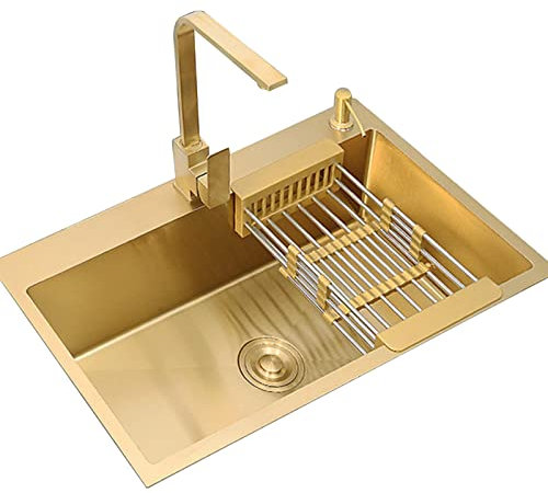 Fregaderos Dorado Cocina De Acero Inoxidable Dorado De Una Cubeta con Grifo Cuadrado Que Incluye Todos Los Accesorios (Color : Gold, S : 45x40cm)