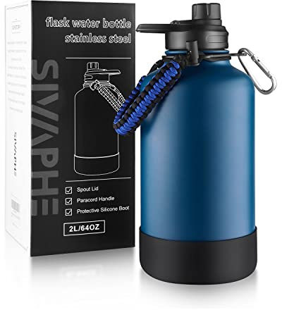Sivaphe Stainless Steel Water Bottle 2 Litre, Vacuum Insulated Flask with protective sleeve, 64oz Large Bottles with Spout Lid for Outdoor, Sports(Blue)