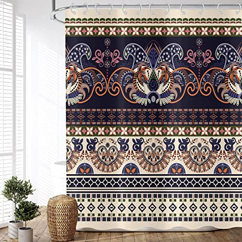 ASDCXZ Rideau de Douche Boho 180x180 cm, Art Vintage Style Boho Style Ethnique géométrique Beige Lavables Rideau Douche imperméable en Textile pour Baignoire avec 12 Crochets