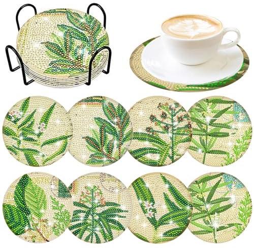 8 Stück Blätter Diamant Untersetzer mit Halter DIY Grün Blätter Diamant Kunst Untersetzer Diamant Untersetzer Runde Tasse Untersetzer für Erwachsene Diamant Kits Supplies
