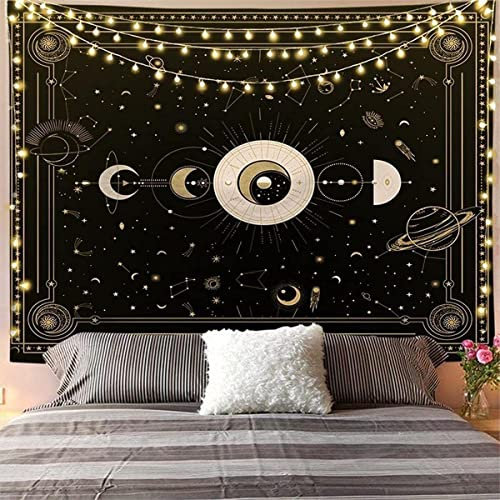 Arawat Wandteppich Mondphasen Wandtuch Schwarz Weiß Wandteppich Mond Sonne Wanddeko Psychedelic Teppich Gothic Wandteppiche Trippy Tapestry Wandtuch Wandbehang Boho Wand Deko (180x230cm)