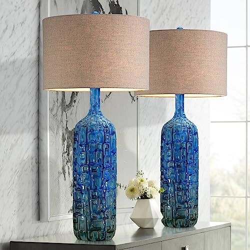 Possini Euro Design 36 Tall Large Mid Century Modern Farmhouse Rustic Coastal End Table Lamps Set of 2 Teal Blue Ceramic Living Room Bedroom Bedside Nightstand House Office Home Reading Tan Shade