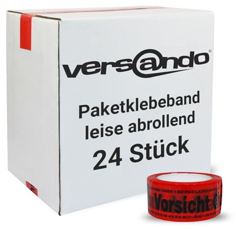 versando 24x geräuscharmes Packband Vorsicht Glas rot 66m Klebeband zum Verpacken von Paketen + Kartons - starke Klebekraft leise abrollend 24 Rollen