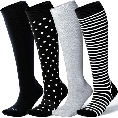 LEVSOX Chaussettes de compression en viscose de bambou pour femmes enceintes 20-30 mmHg hauteur genou mignon homme soutien chaussettes pour voyage, 4 paires - Mix3, Medium