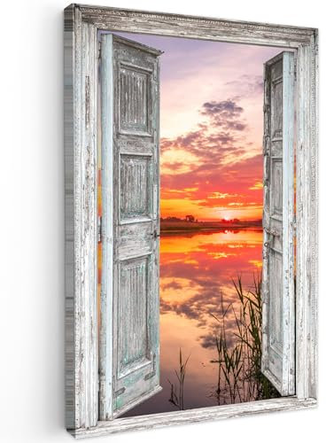MuchoWow© Bild auf Leinwand Groß 80x120 cm XXL Schlafzimmer Bilder Wand Deko Wohnzimmer Modern Wanddeko Bilderwand Geschenk Landschaft - Sonnenuntergang - Wasser - Fensterblick