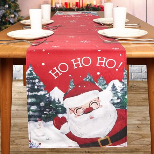 COLOFALLA 183x33cm Tischläufer Weihnachten Jute Rot Schneeflocken Weihnachtsmann Hirsch Tischband Weihnachtstischläufer Tischdecke Tischdeko Weihnachtsdeko Tisch Winter Esstisch Deko
