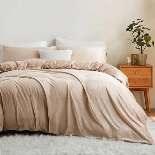 Sedefen Flanelle Housse de Couette 140x200cm + 1 Taies d'oreiller 65x65cm Beige Parure de lit 1 Personnes Peluche Hiver Chaude Duveteuse Ado Linge de lit Avez Fermeture Éclair
