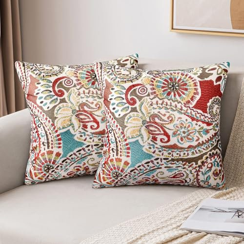 LRartdeco Kissenbezug Rot 40x40 Herbst Dekoration Kissen Bezug Fall Winter Deko Sofakissen Blumen Geometrische Kissenbezüge Boho 2er Set Leinen Dekokissen Für Wohnzimmer Garten Sofa Kissen Deko