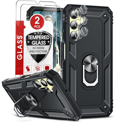 LeYi Hülle für Samsung Galaxy A25 5G Handyhülle mit 2*Schutzfolie & 2*Kamera Schutzglas, Militärischer Case 360° Ständer Schutzhülle Stoßfest Hardcase Cover für Samsung A 25 Schwarz