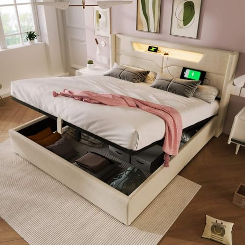 KOMHTOM Lit Rembourré avec Rangement sous Lit, LED et Tête de Lit, Sommier à Lattes pour Adultes, Adolescents (Sans Matelas) (Beige, 160x200CM)