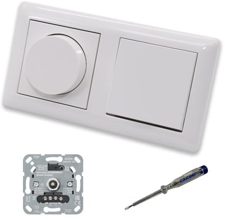 GIRA 245500 LED Drehdimmer Dimmer + Dimmerscheibe Zentralscheibe 065003 und Lichtschalter 010600 in System55 reinweiß glänzend inklusive EBROM Phasenprüfer zur Montage der Geräte