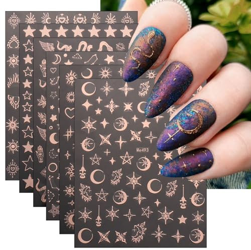JMEOWIO 10 Sheets Moon Star Nail Art Stickers Decals Self-Adhesive Rose Gold Nail Supplies Nail Art Design Decoration Accessories