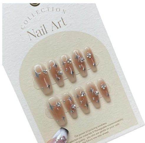 Faux ongles faits à la main avec peinture d'étoiles, 10 pièces, diamant, paillettes, acrylique, couverture complète, presse sur ongles artificiels Y2k (Color : XS)