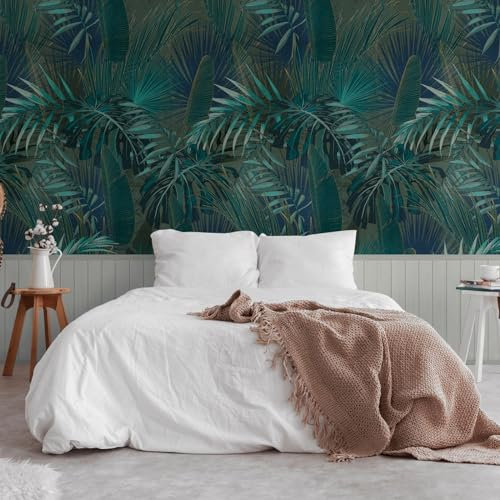 AS Creation Palm Leaf and Wood Slats 2 in 1 Vinyl Wallpaper – Textured Wood Slats Wallpaper – Modern Wallpaper for Living Room & Bedroom – Decorative Luxury Wallpaper – Green and Grey