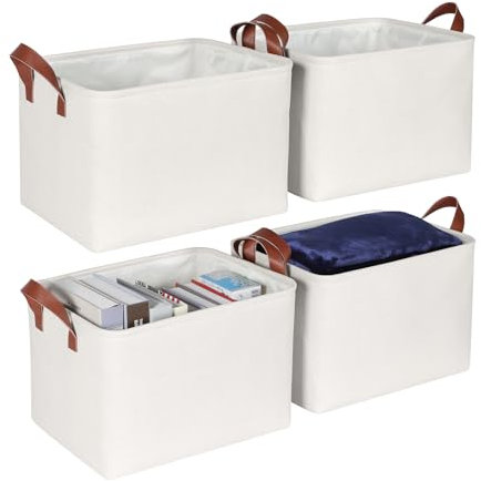 Syeeiex Storage Baskets for Shelves 4 Pack, Fabric Storage Boxes with Leather Long Handles, Foldable Storage Basket for Toys, Clothes, Organizing Home and Office - White