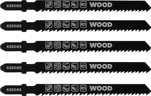 kwb 5x Stichsägeblätter für Holz, fein, 100mm (geeignet für Hartholz, Weichholz, Tischlerplatte, HSS Stahl, gehärtete Zähne, kreuz-, freiwinkel- und konisch geschliffen, T- und U-Schaft-Aufnahme)
