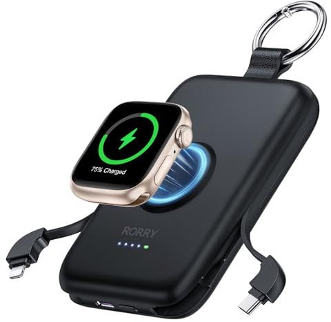 RORRY Power Bank with Built in USB-C/iOS Cables, 10000mAh PD 20W Portable Charger with 3 Outputs, Powerbank Fast Charging Compatible with iPhone 16/15/14 Series, Samsung, Apple Watch and AirPods