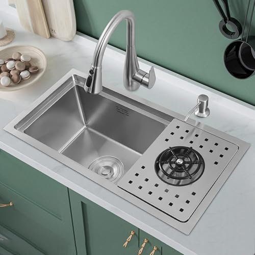 Fregadero cuadrado de cocina oculto, fregadero nano de un solo tazón con arandela de taza, fregadero de acero inoxidable 304 con grifo extraíble, accesorios de alcantarillado (60 x 30 cm)